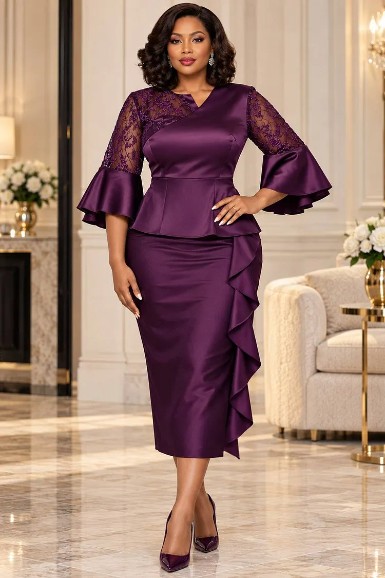 Xpluswear Design Plus Size Formal Satin Purple Round Neck Flare Half Sleeve Ruffle Contrast Lace Two Piece Skirt Sets [Pre-Order] 2024 - Xpluswear