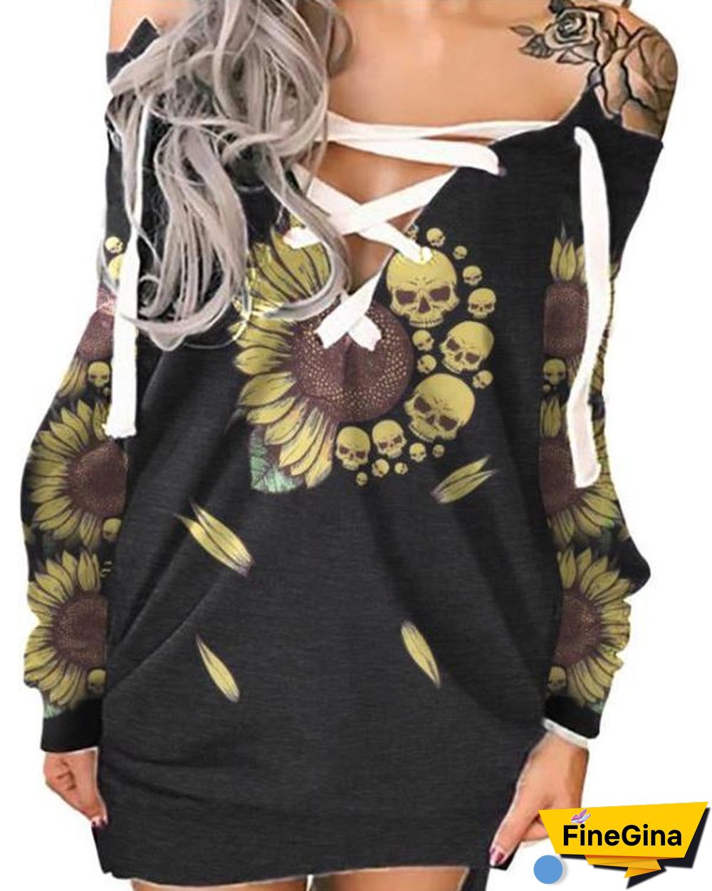 Halloween Off-The-Shoulder Printed Skull Casual Dress