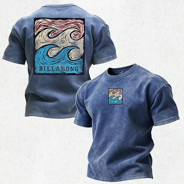 Swirling Abstract Ocean Wave Graphic Printed Men's Washed Tee