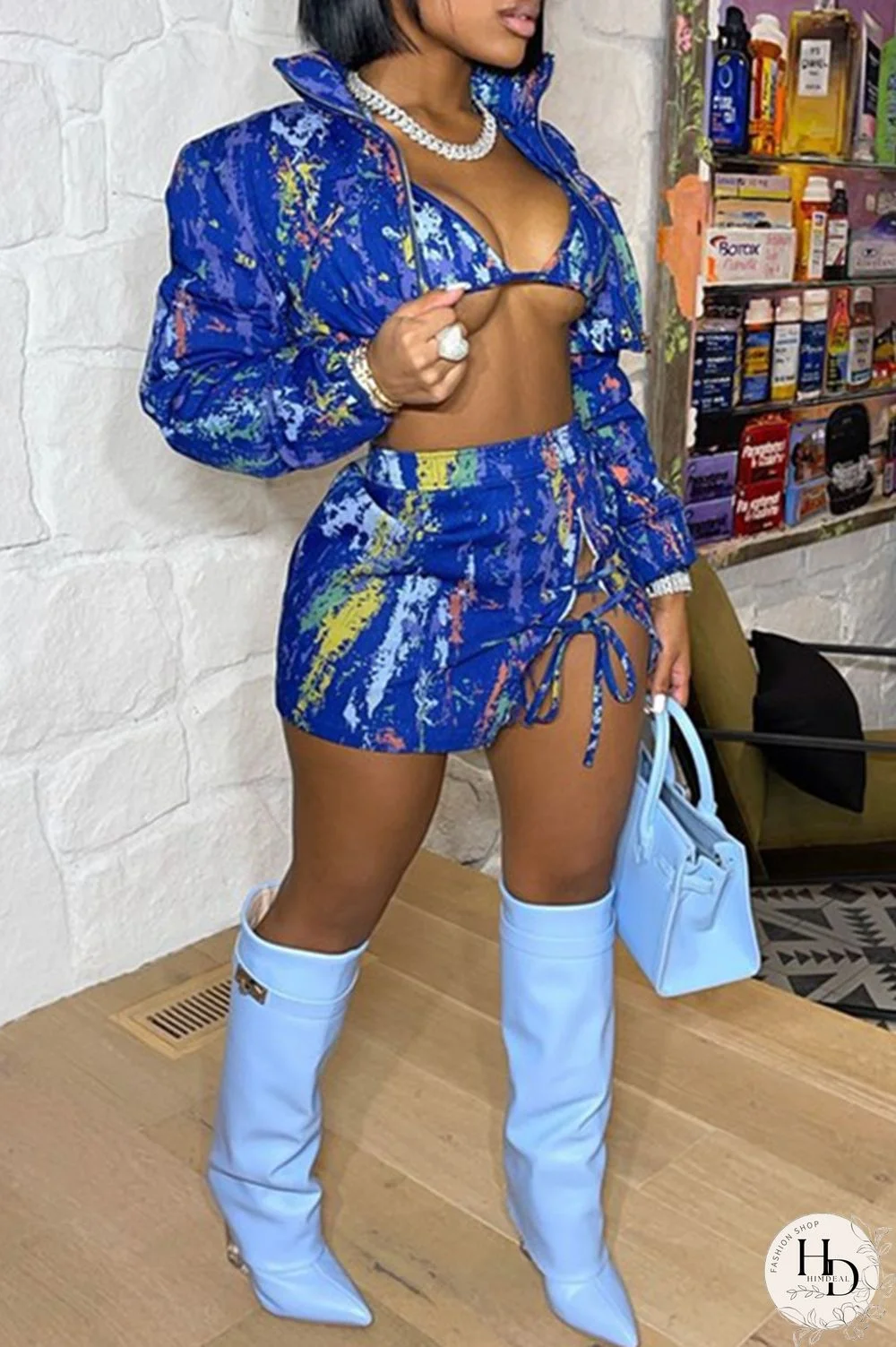 Purple Fashion Sexy Print Strap Design Long Sleeve Three-piece Set