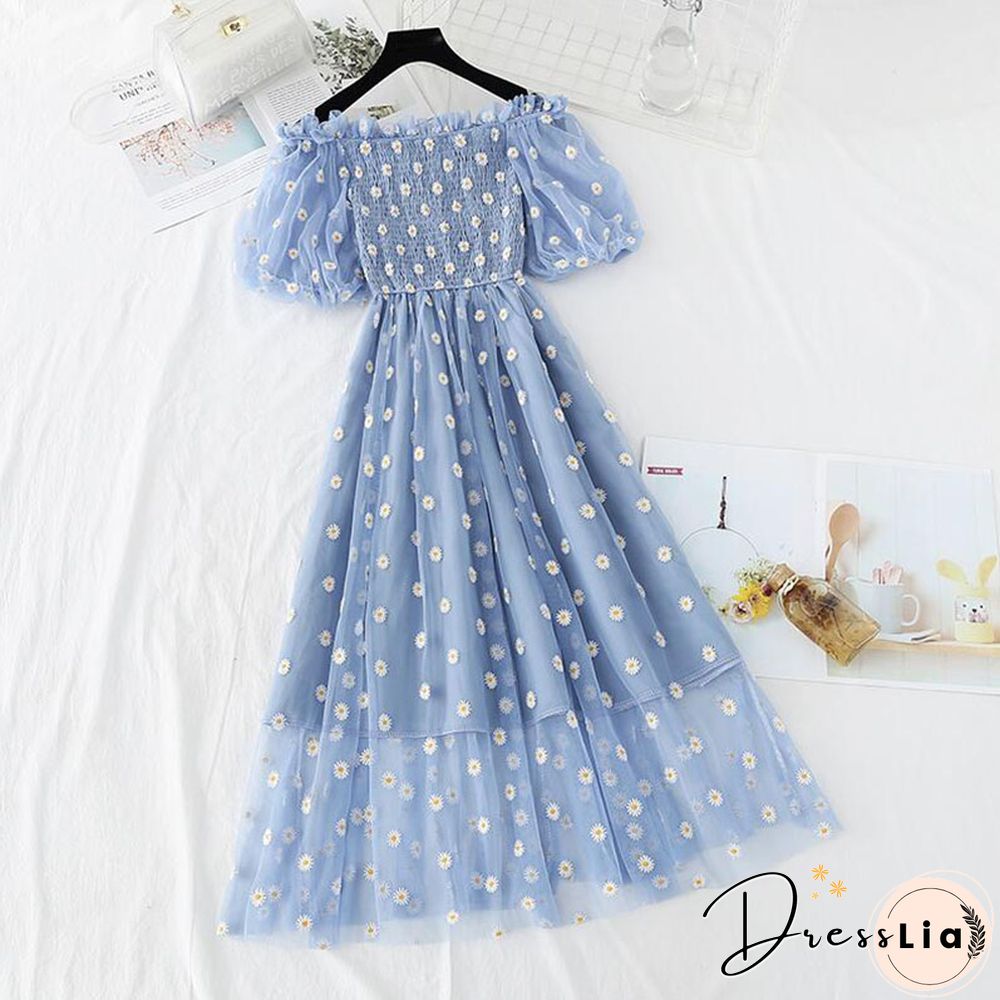 Small Daisies Embroidery Mesh Dresses Women Sexy Off The Shoulder French Vintage Party Ruffle Dresses Elegant Vestidos