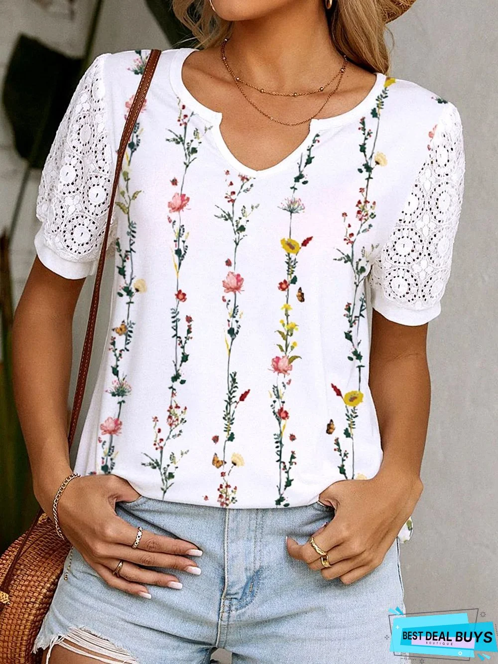 Floral Printed Loosen Casual Lace Short Sleeve T-Shirt