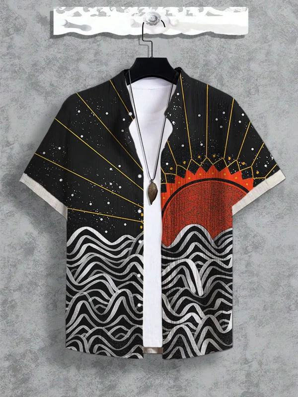 Men's Hippie Art Abstract Sea Wave Sunrise Print Shirt