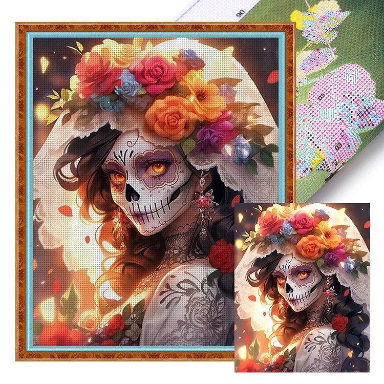 【Huacan Brand】Bright Skull Girl 11CT Stamped Cross Stitch 40*50CM