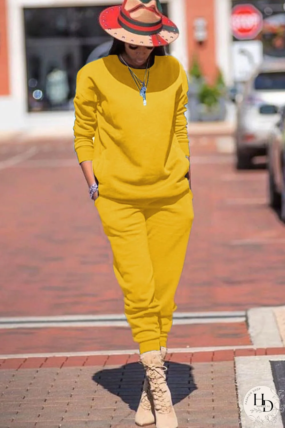 Yellow Casual Solid Two Piece Suits Patchwork pencil Long Sleeve Two-piece Pants Set
