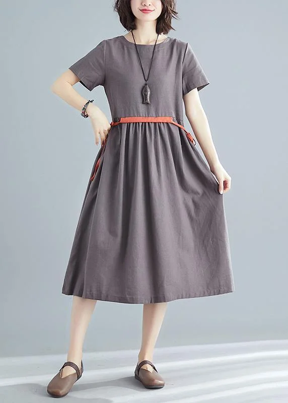Organic brown linen quilting dresses o neck tie waist summer Dress
