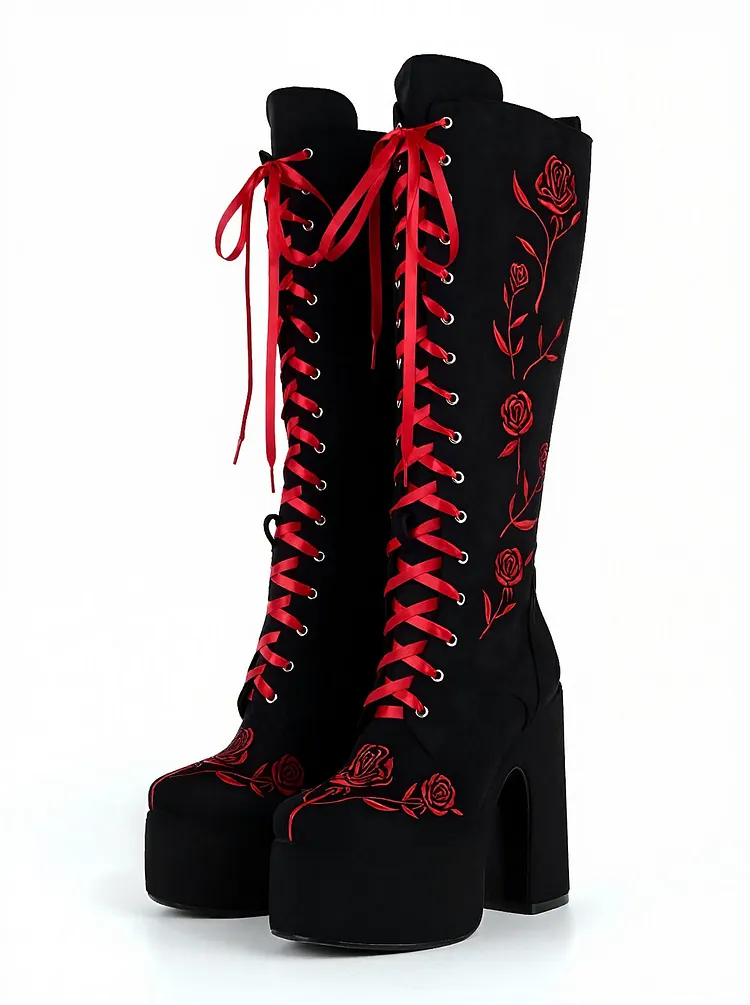 Red Rose Embroidery Knee High Platform Boots