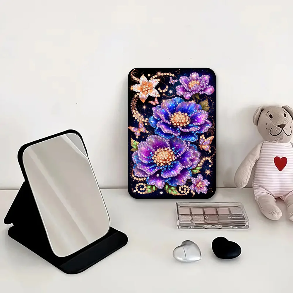 DIY Diamond Art Shiny Crystal Mirror Lightweight Standing Makeup Mirror (Flower)