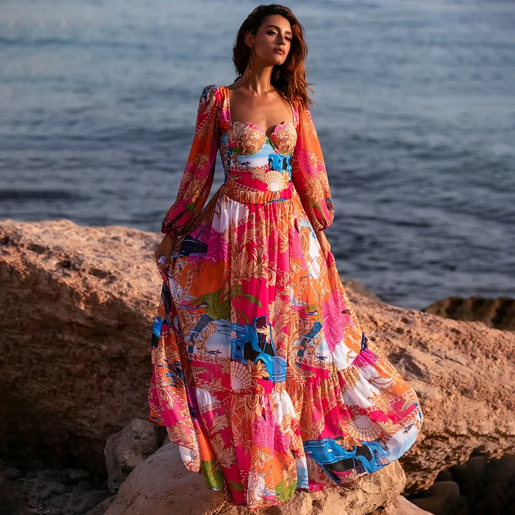Long Sleeve Shell Chest Pad Printed One Piece Swimsuit and Skirt