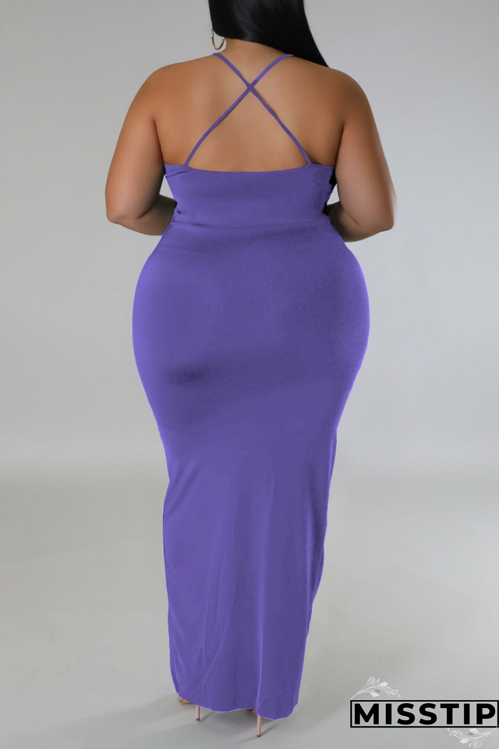 Purple Sexy Solid Patchwork Backless V Neck Sling Dress Plus Size Dresses