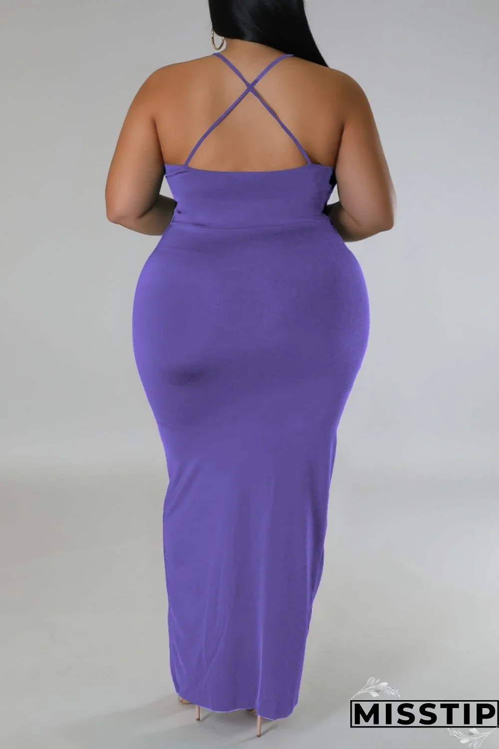 Purple Sexy Solid Patchwork Backless V Neck Sling Dress Plus Size Dresses