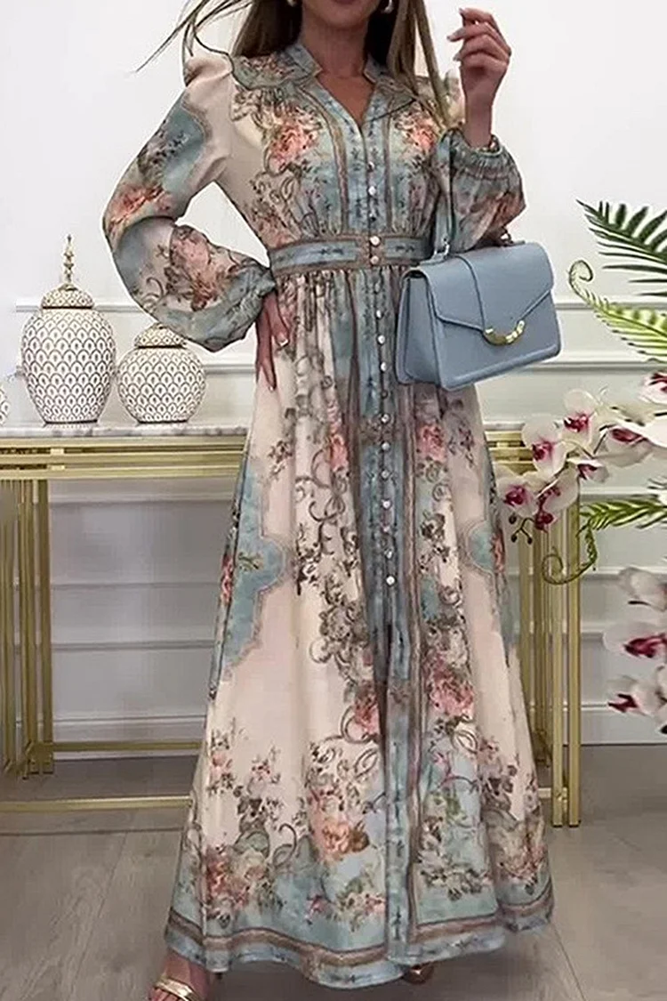 V - Neck Floral Print Dress with Puff Sleeves and Full Skirt