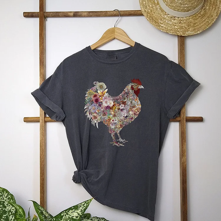 VChics Women's Retro Floral Chicken Farmer Casual T-Shirt
