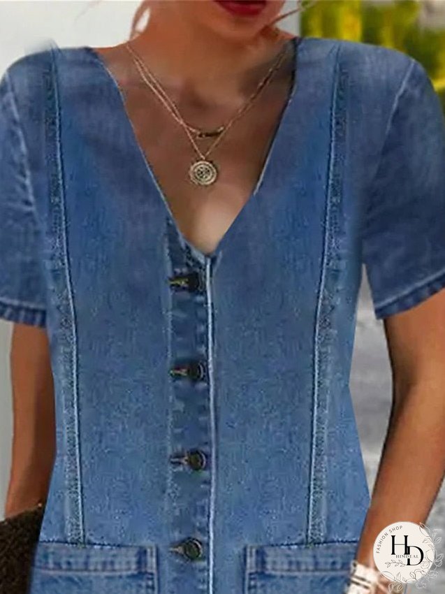 Casual Dress Denim Shirt Dress Midi Dress Denim Fashion Modern Outdoor Daily Vacation V Neck Button Pocket Short Sleeve Summer Spring Regular Fit Blue Plain S M L XL 2XL for Women