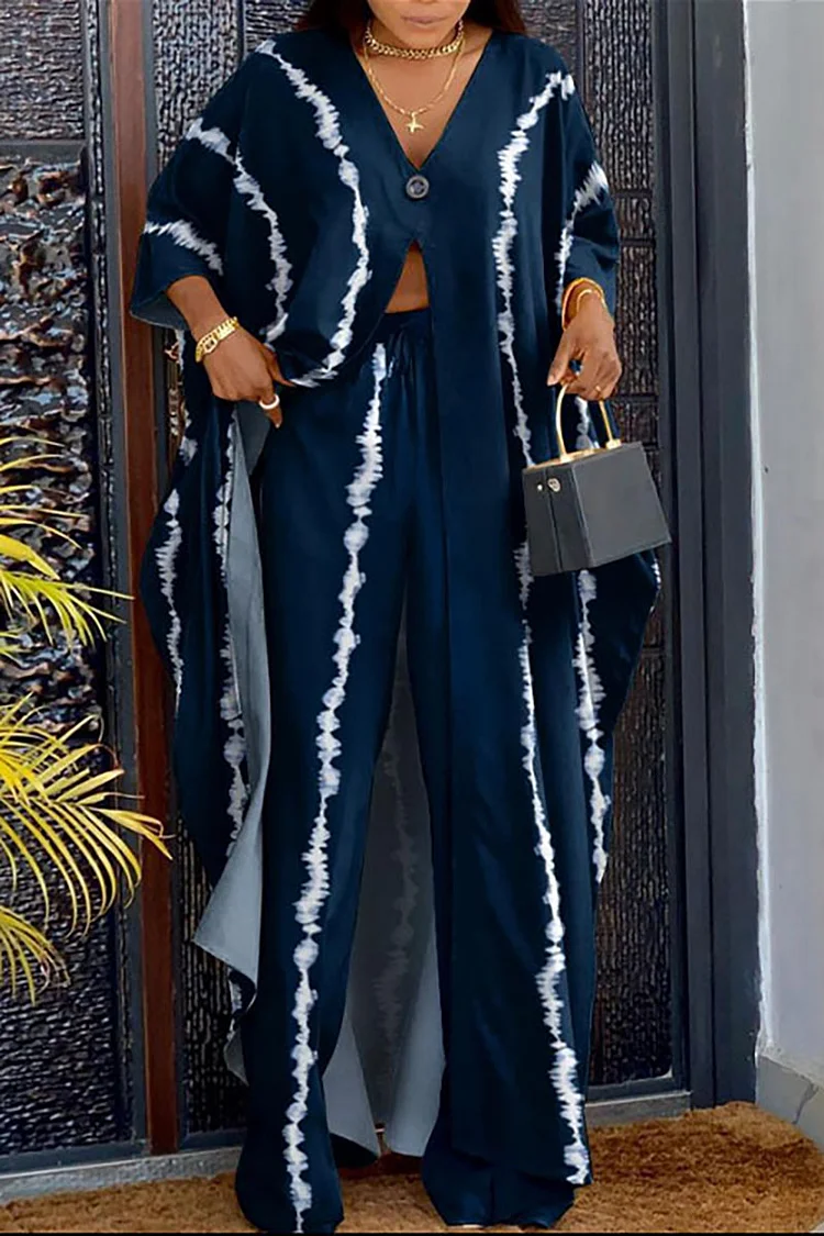 Xpluswear Plus Size Navy Blue Casual Long Sleeve Slit Contrast Paneled Two Pieces Pants Set