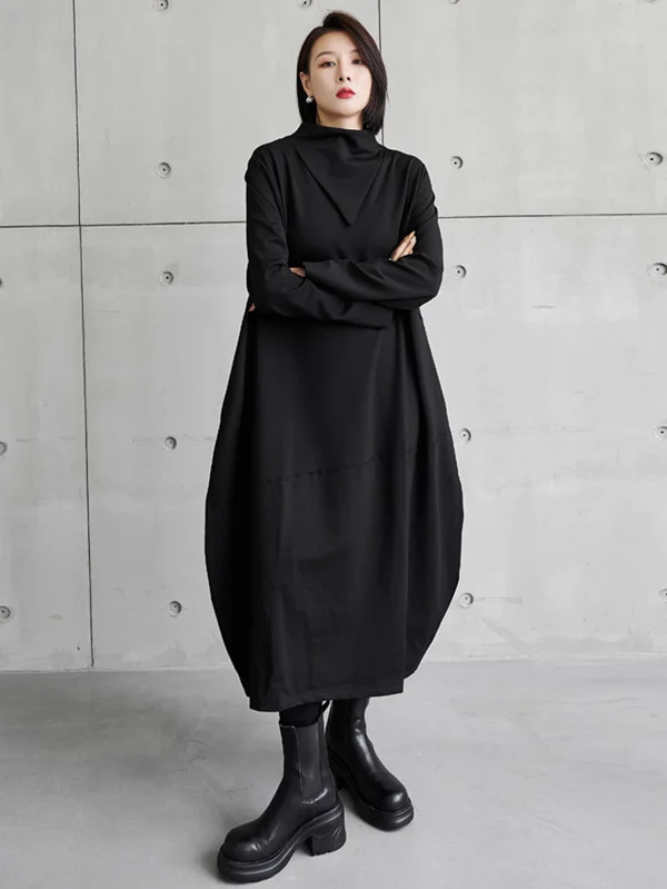 Minimalist Roomy Long Sleeves Pure Color Split-Joint Midi Dress