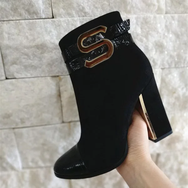 Black Block Heel Ankle Boots with Buckle Detail Vdcoo