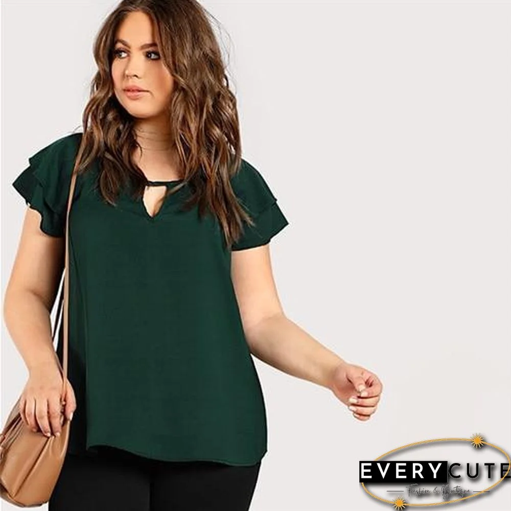 Green Plus Size Keyhole Neck Loose Top Long Blouse With Butterfly Sleeve