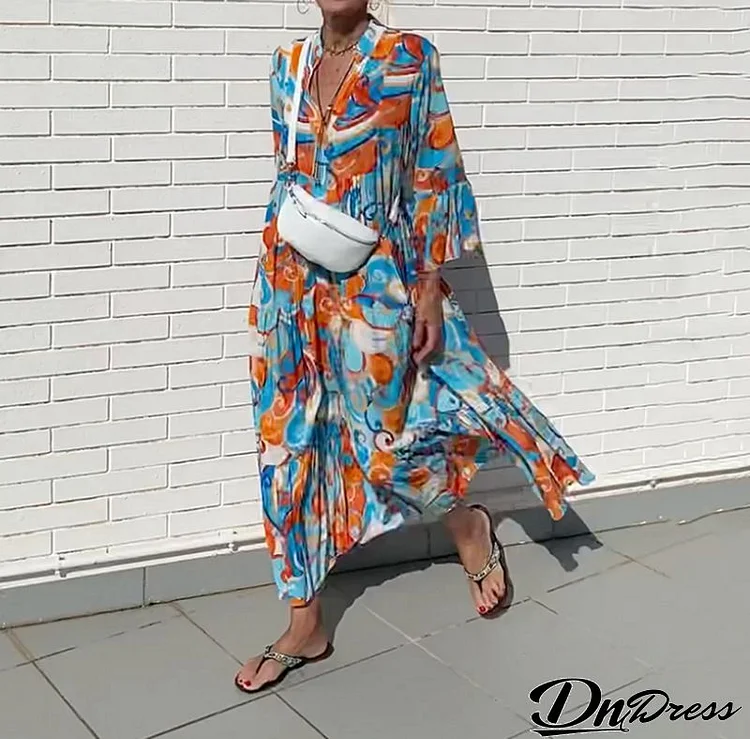 Summer Women Fashion Vacation Beach Casual Printed V-Neck High Waist Maxi Dress