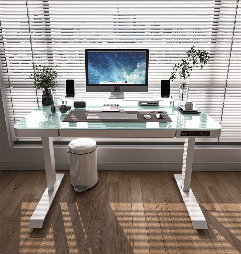 Glass Tabletop Modern Ergonomic Electric Height Adjustable Office Computer Desk Standing Desk With Drawer