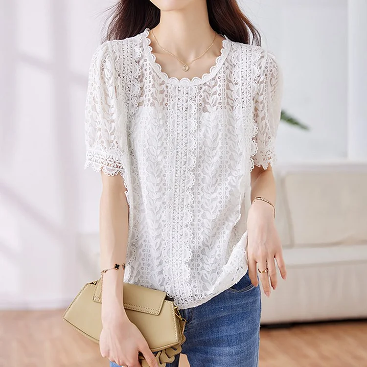 White Shift Lace Casual Shirts & Tops QueenFunky