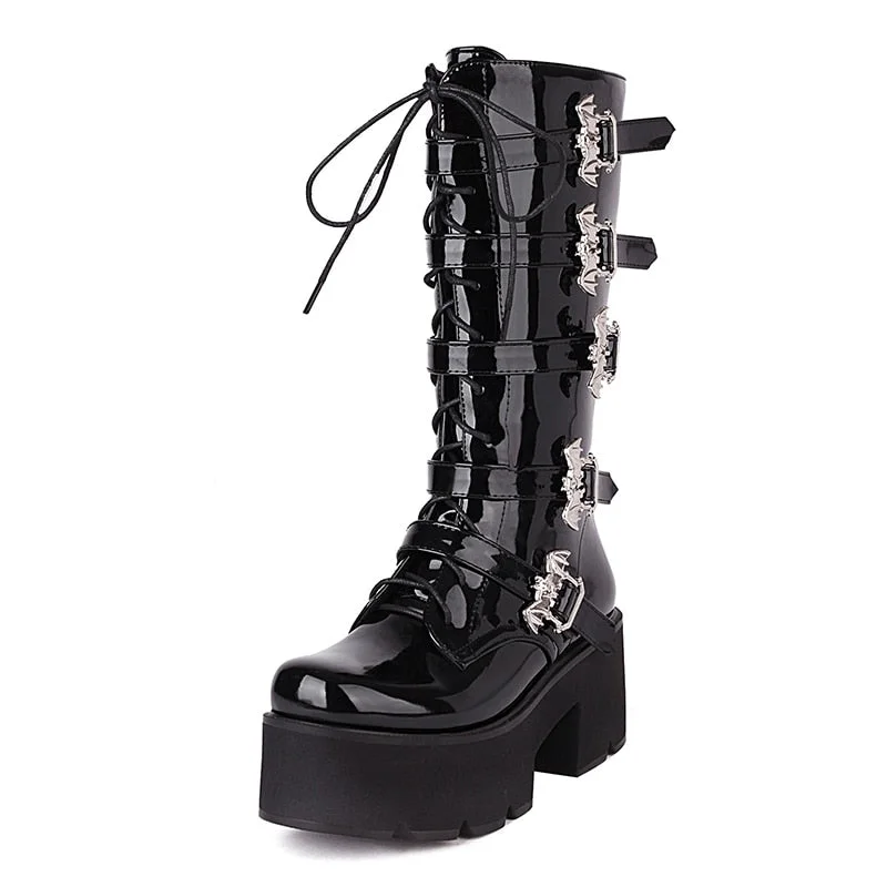 Vstacam Bat Decoration Gothic Boots Women Patent Leather Mid Calf Boots For Women Belt Buckle Combat Motorcycle Boots Darkness
