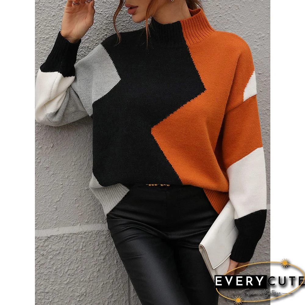 Orange Color Block Crew Neck Knit Pullover Sweater