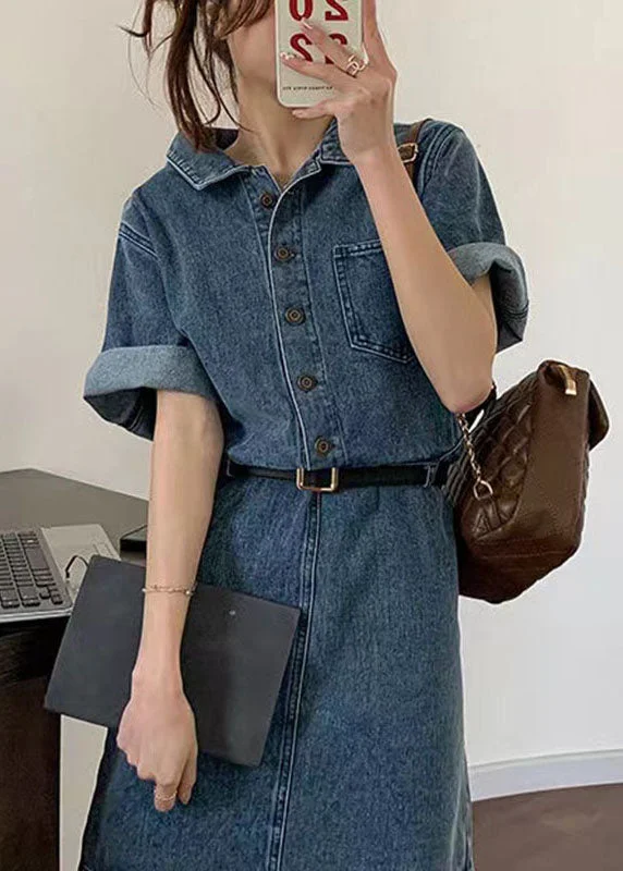 Retro Denim Blue Peter Pan Collar Patchwork Button Mid Dresses Summer