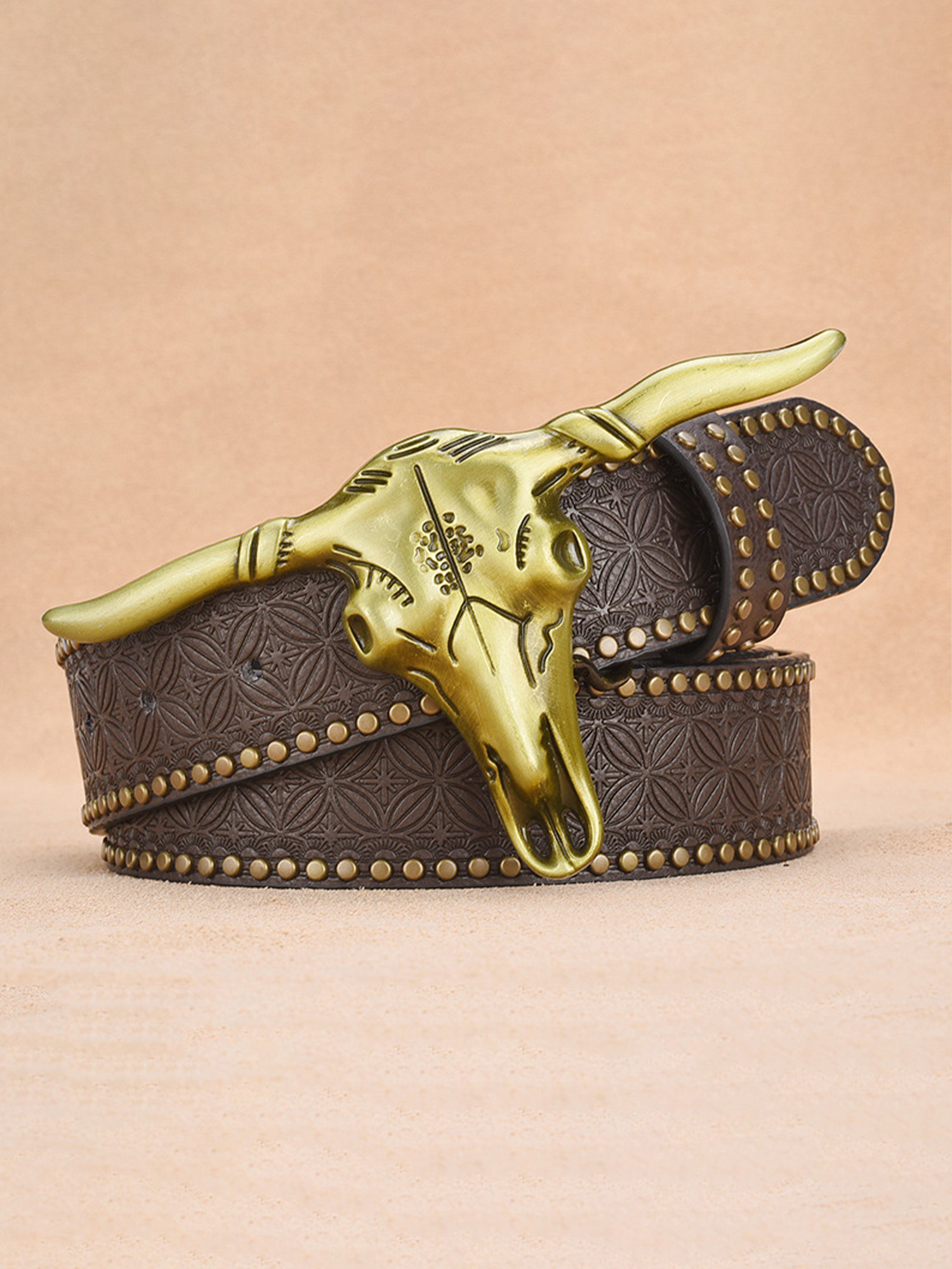 Western Cowboy Studded Bull Head Embossed Belt