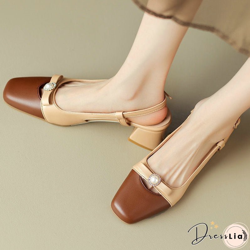 Joskka Closed Toe Vintage Lady Summer Shoes Mixed Color Pearl Design Slingbacks Square Chunky Med Heels Sandals Women Hoco Shoes