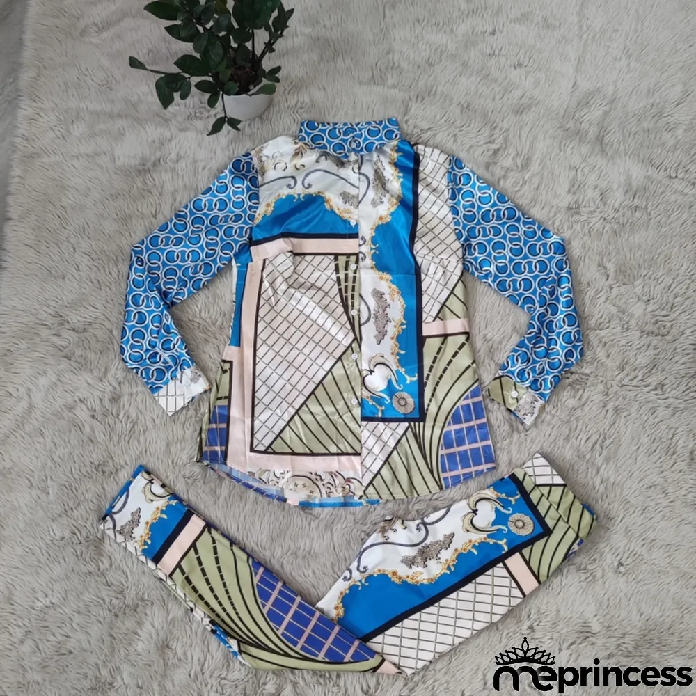 Fall Fashion Retro Print Button Long Sleeve Shirt And Pant Matching Set