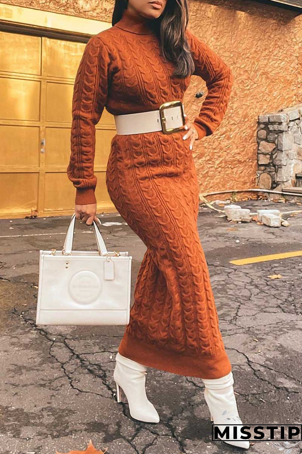 Light Brown Casual Solid Patchwork Turtleneck Straight Dresses(Without Belt)