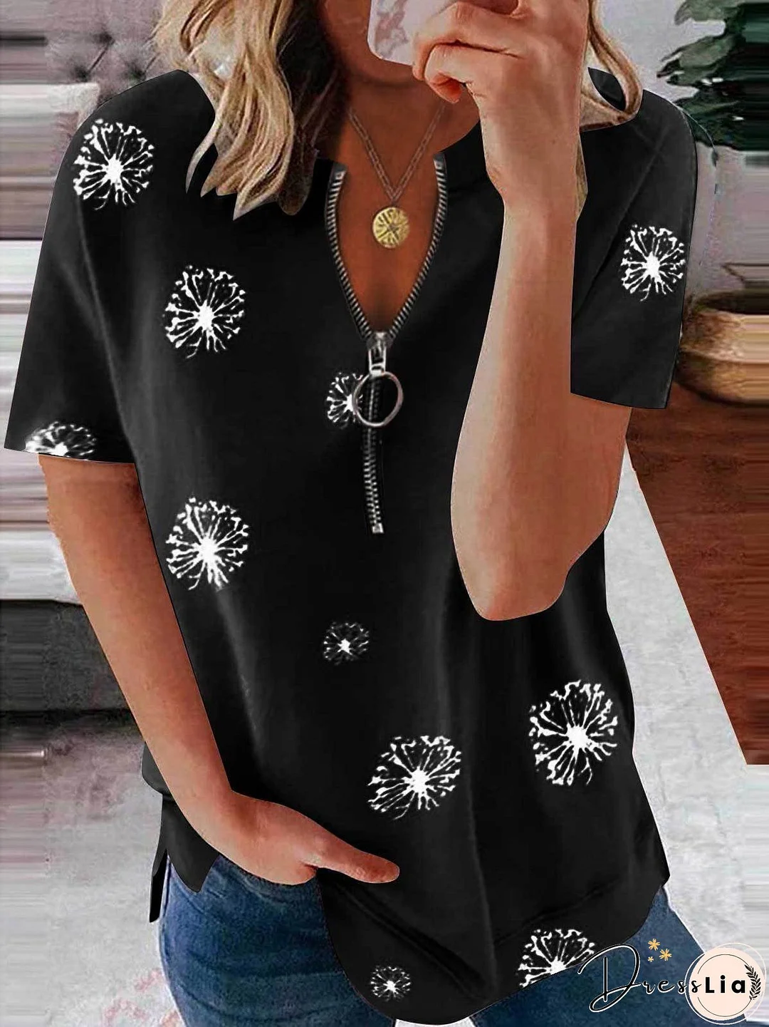 Casual Petal Print Zipper Short-sleeved Top for Women