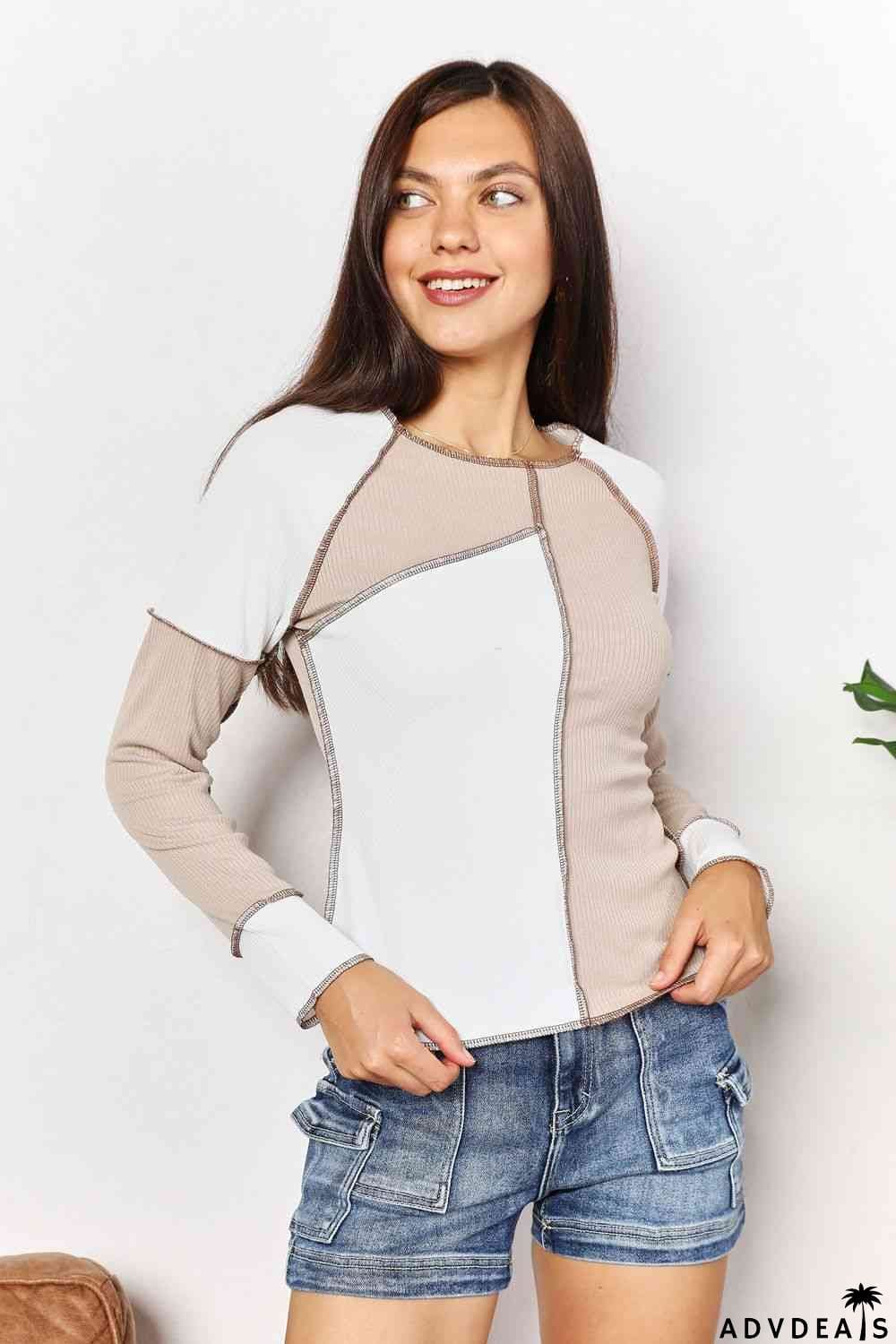 Double Take Color Block Exposed Seam Top