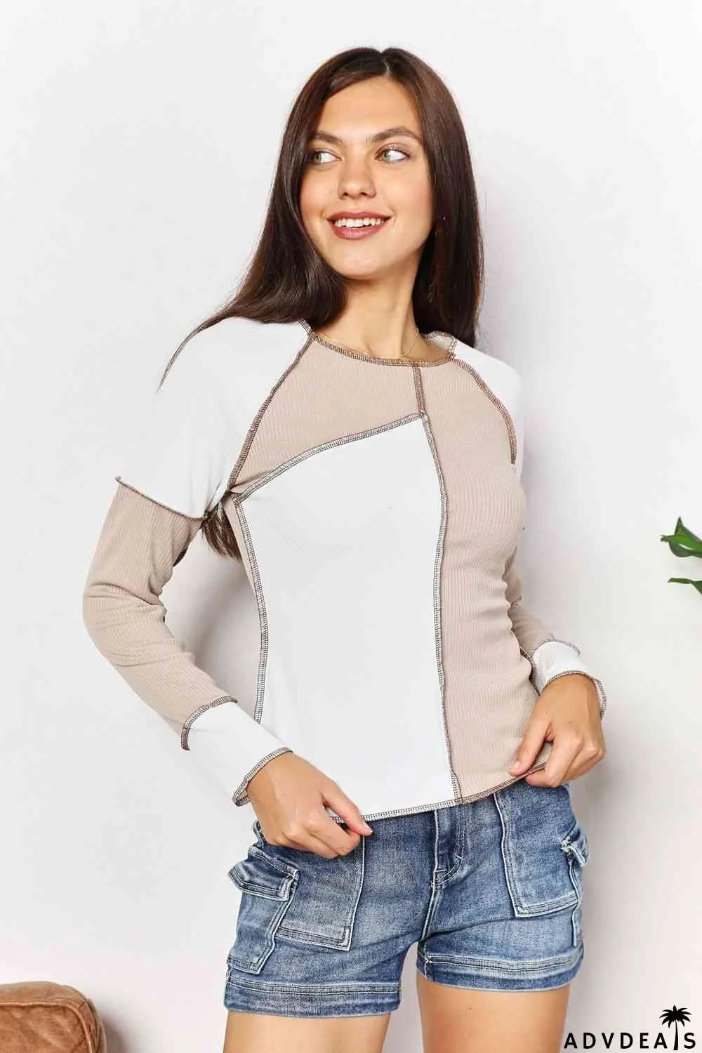 Double Take Color Block Exposed Seam Top