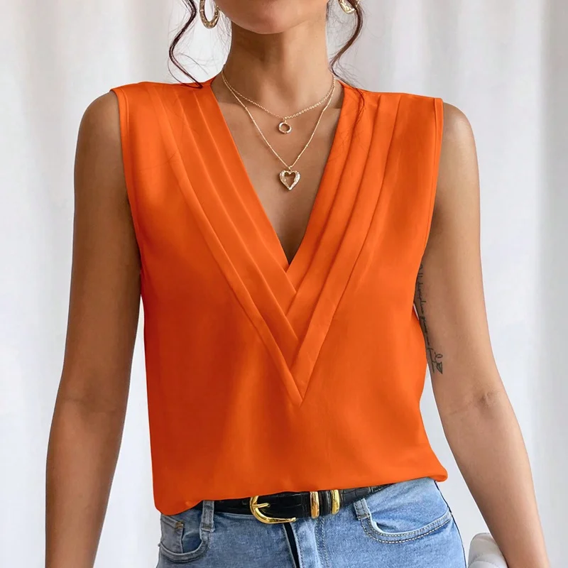 Women's Elegant Design Solid Color V-Neck Casual Sleeveless Blouses Office Exquisite Outfit
