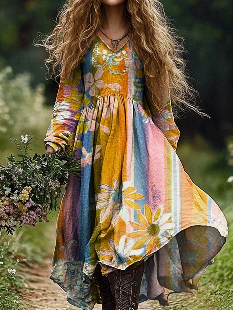 Women's Colorful Vertical Stripes Floral Art Print Pocket Cotton Dress