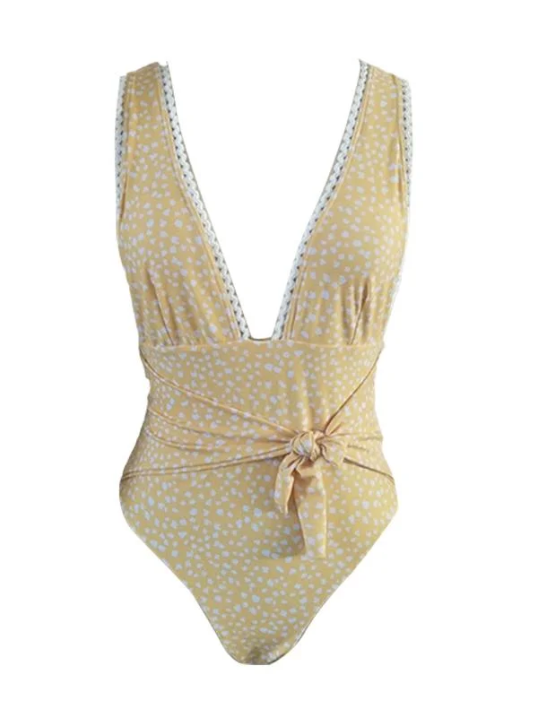 Floral-Print Lace Belted One-Piece Swimwear