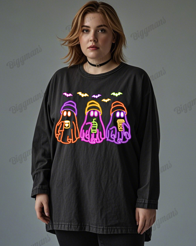 Cute Fluorescent Ghost Print Wash Cotton Long Sleeve Plus Size Top