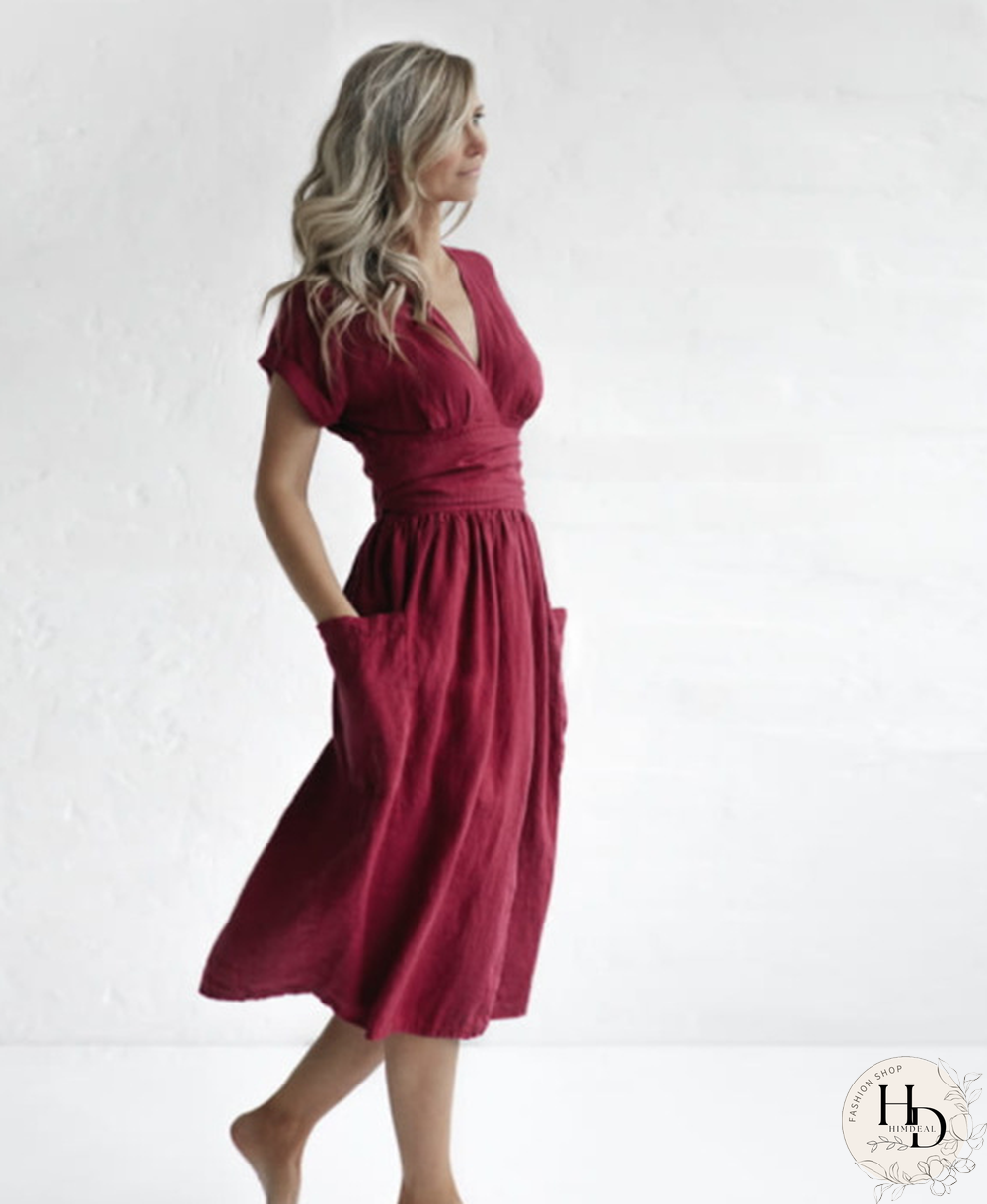 Solid Wrap V-neck Short Sleeve Casual Dress For Women