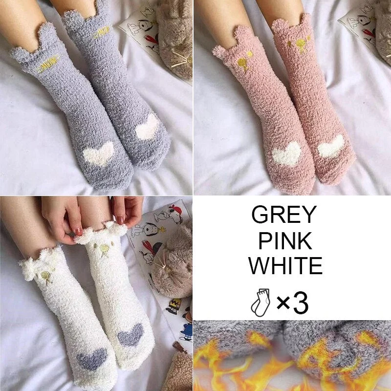 FINETOO 3Pair/Set Women Autumn and Winter Socks Plush  Thick Warm Socks Coral Velvet Animal Sleeping Non-slip Home Floor Socks