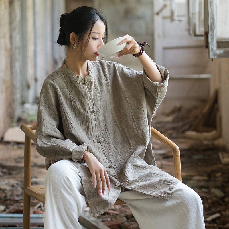 Handmade Ramie Hand-Dyed Button-Front Loose-Fit Zen Tang Style Shirt