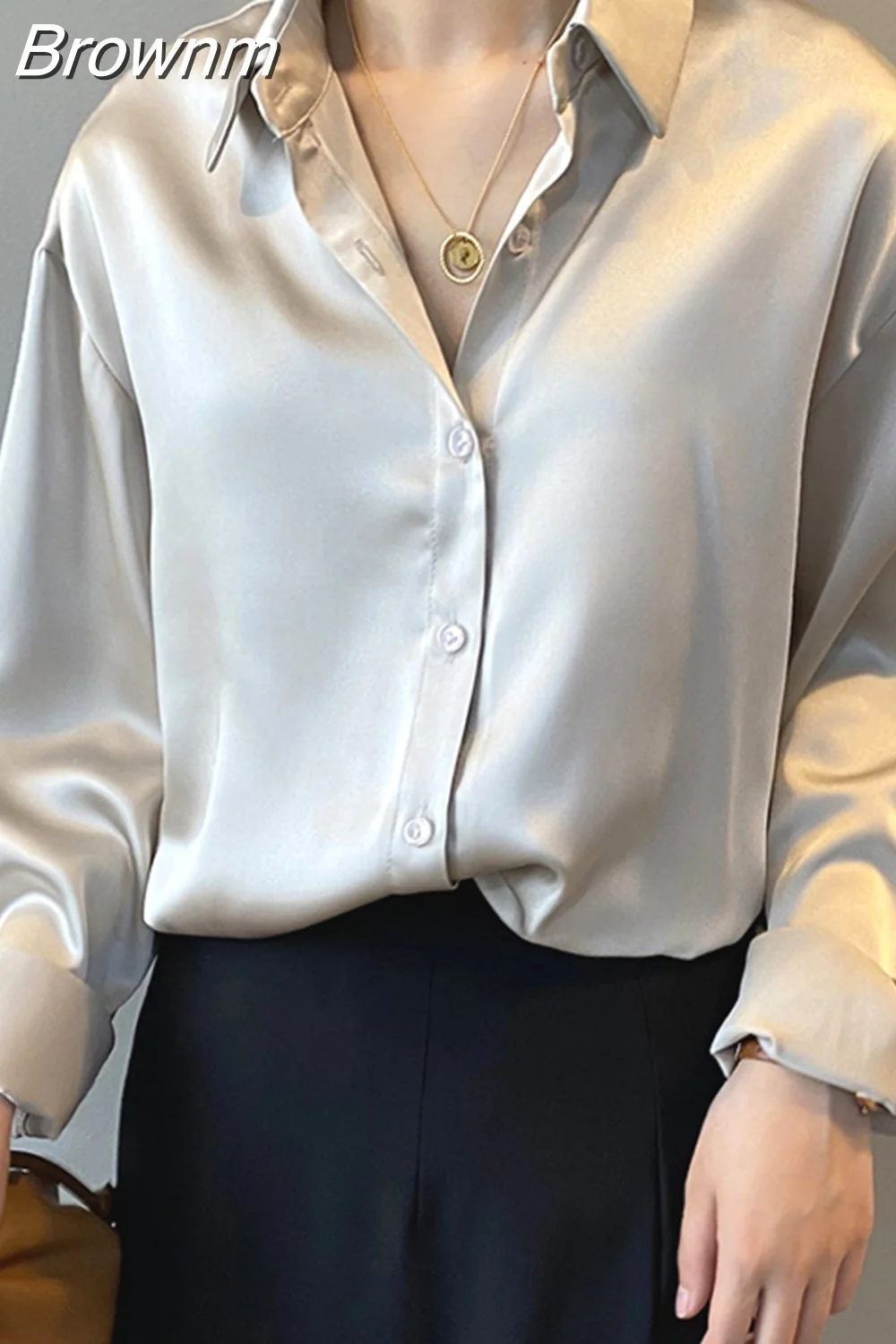 Brownm Spring Turn-down Collar Women Shirt White Loose Satin Solid Blouse Women Tops Casual Button Silk Shirt Woman Blusas 11355