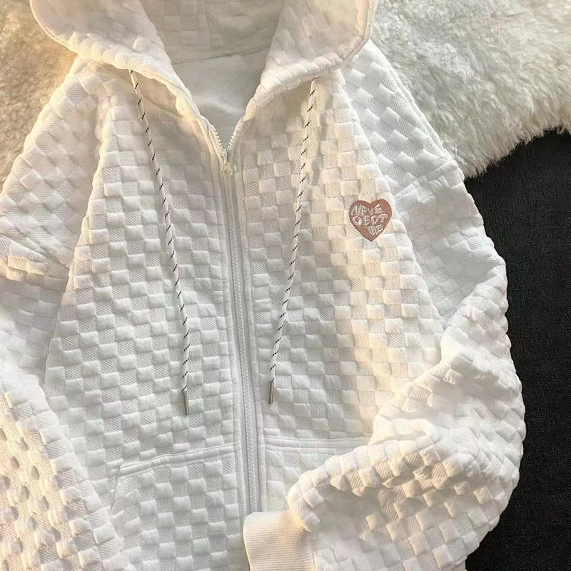 Uveng Uveng Early Autumn New Hoodie Female Loose Waffle Korean Version Of Versatile Design Sense Long Sleeve Cardigan Coat