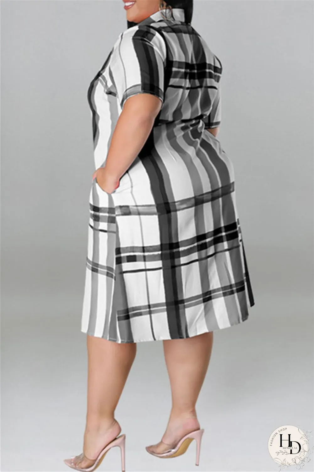 Black Fashion Casual Plus Size Plaid Print Patchwork Turndown Collar Shirt Dress
