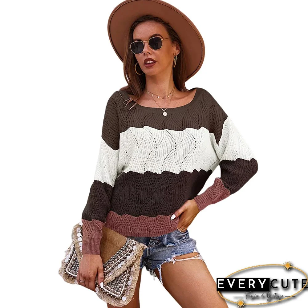 Brown Color Block Cut-out Long Sleeve Sweater