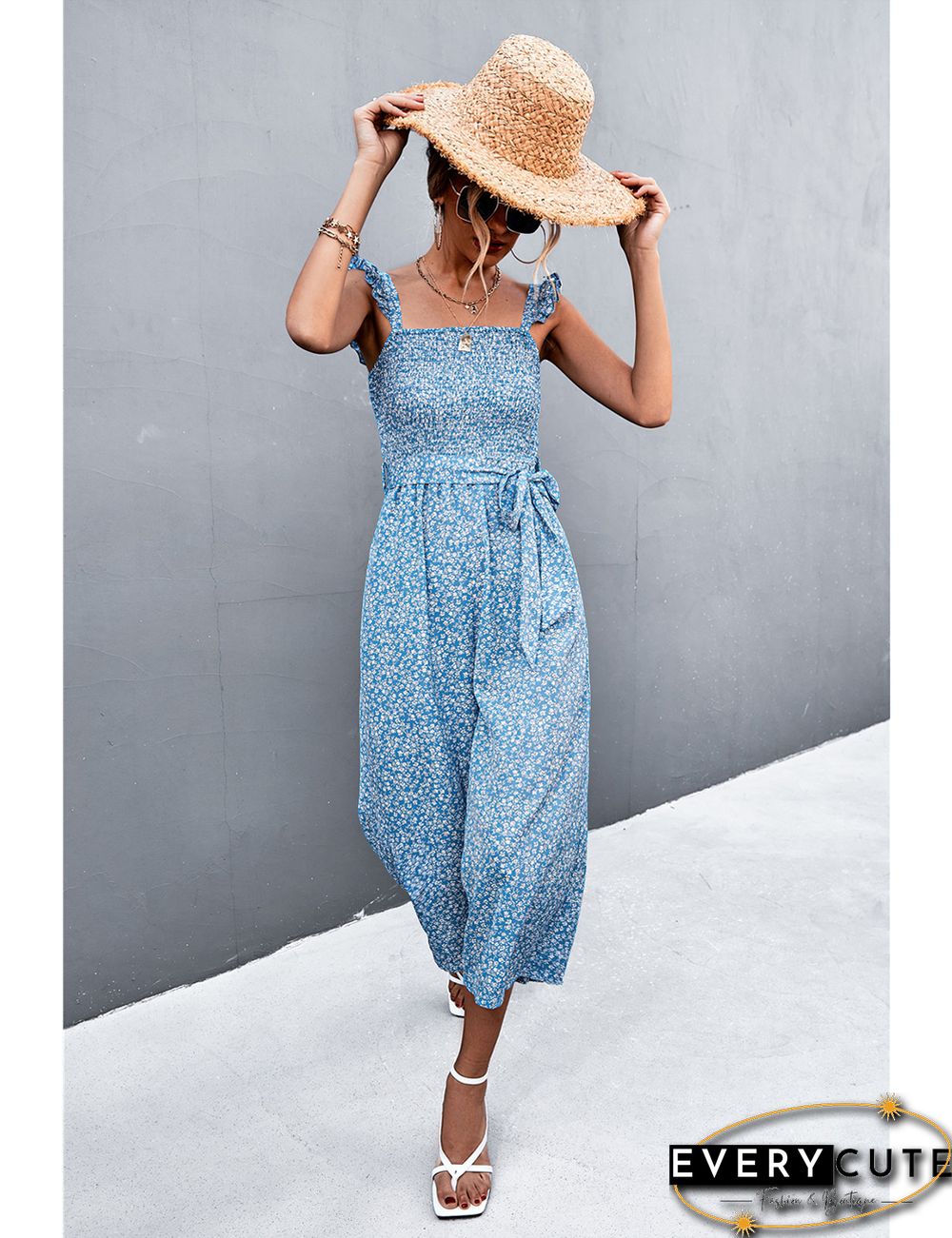 Light Blue Floral Print Pocket Wide Leg Jumpsuit