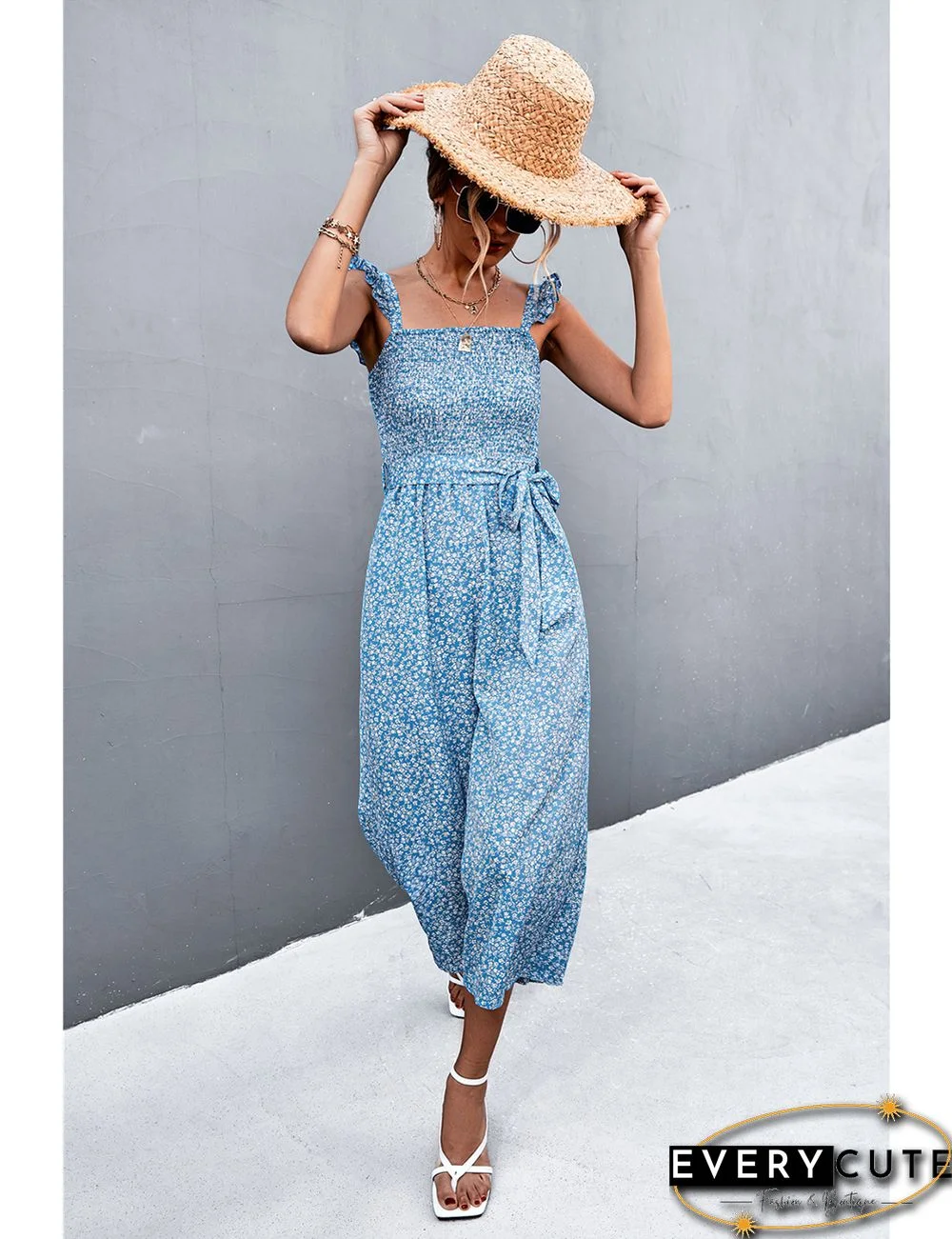Light Blue Floral Print Pocket Wide Leg Jumpsuit
