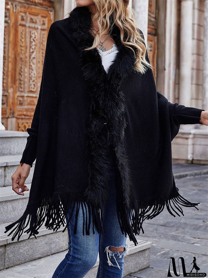 MidiSono - Elegant Lady Fur Collar Tassel Design Batwing Sleeve Cardigan Shawl Sweaters