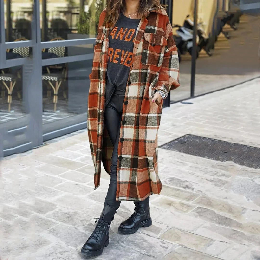 Women Fashion Coats Outwear Plaid Print Long Sleeve Lapel Long Jacket Trench Coat Fashionable Design Comfy Coat Roupas Femininass